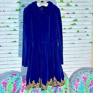 NEW! Blue velvet dress with fancy gold lace hem
